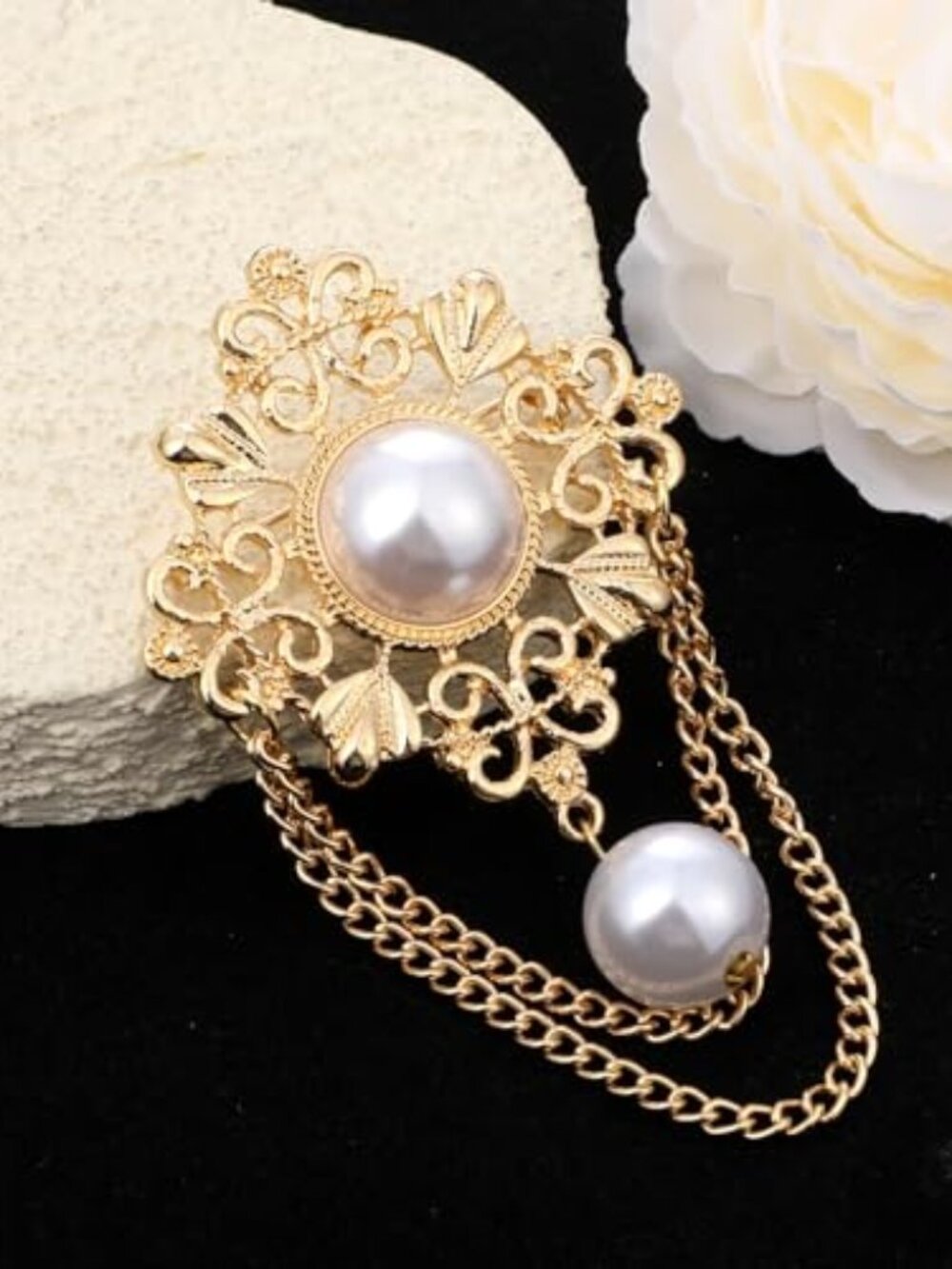New - Vintage Round Pearl Filigree Flower Chain Tassel Brooches